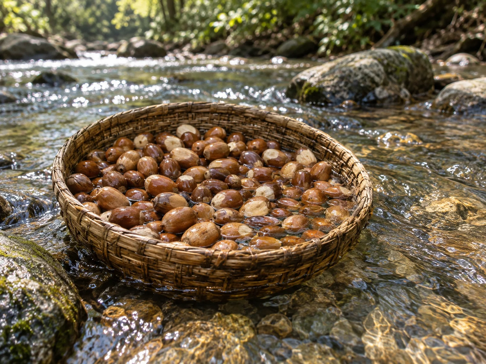 Shelled acorns soaking and leaching in clear running water