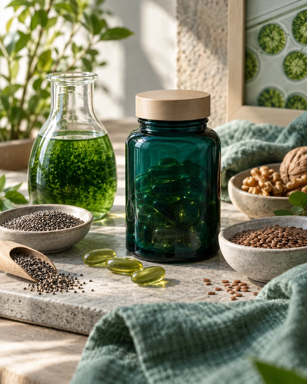 A bottle of vegan algal-oil omega-3 softgel supplements