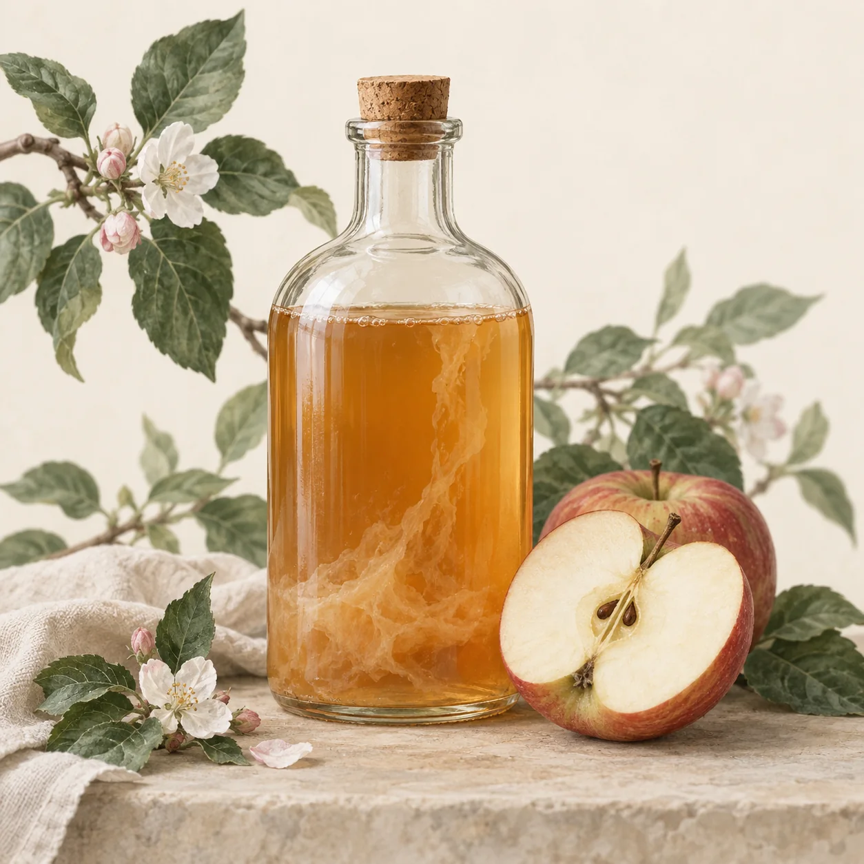 A glass bottle of amber apple cider vinegar with visible mother, beside a halved apple