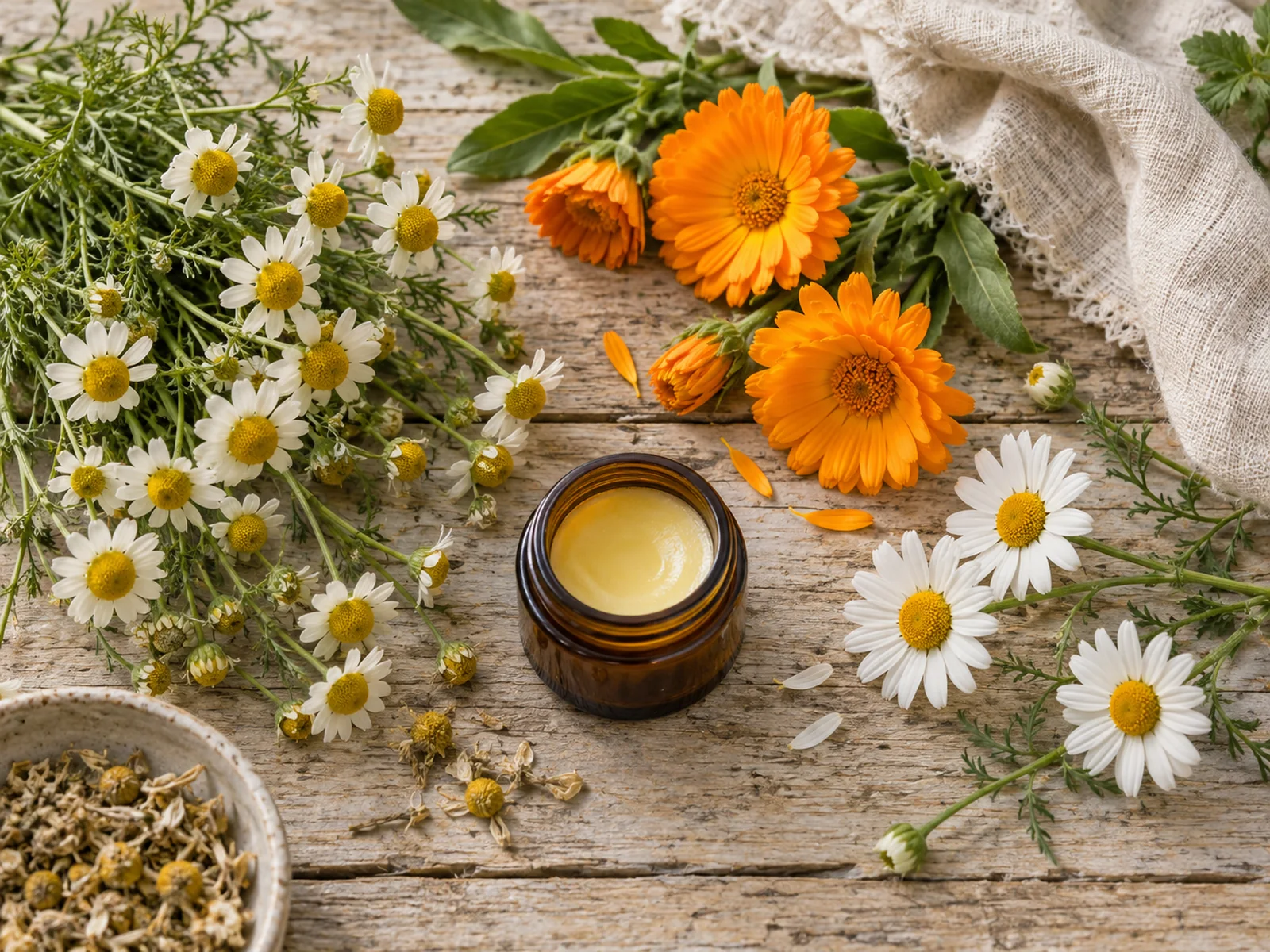 Chamomile, calendula, and daisy flowers from the Asteraceae family