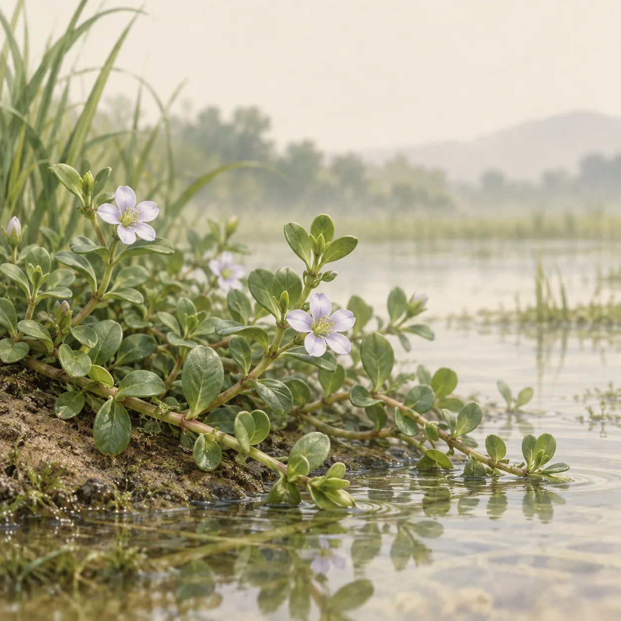 Flowering Bacopa monnieri at a pond margin