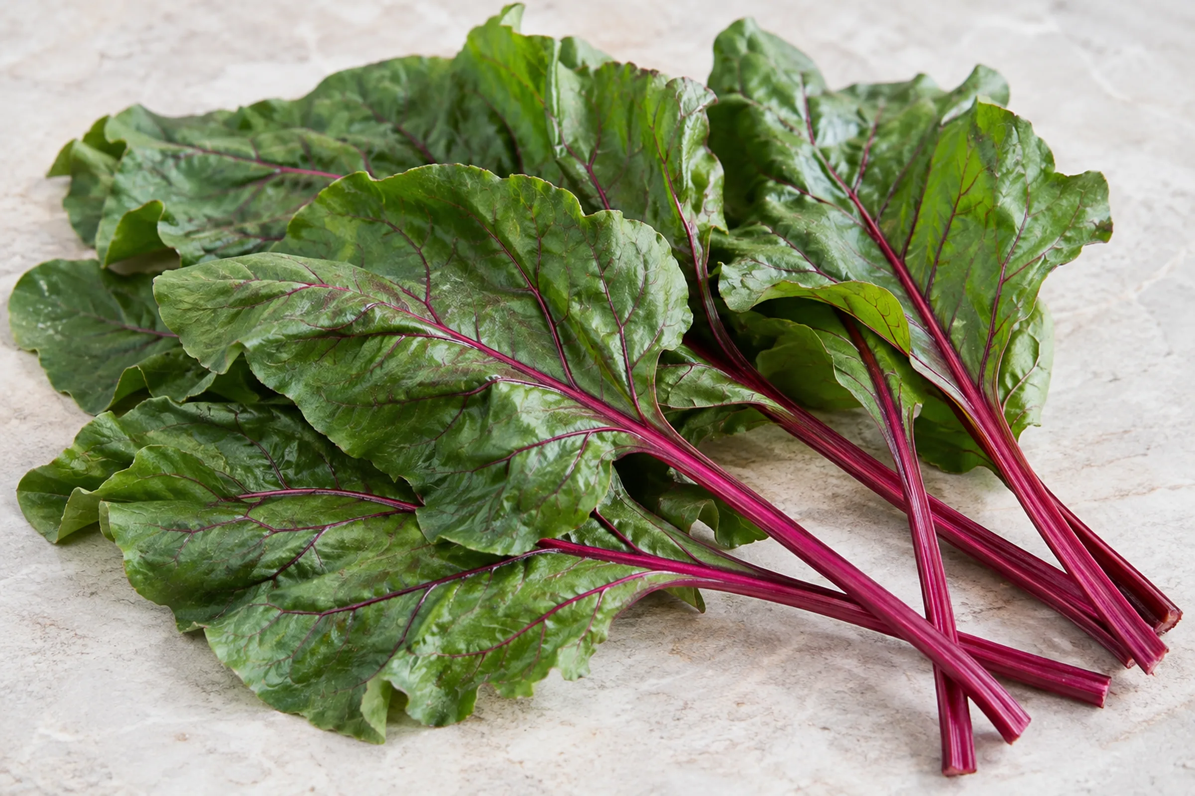 Fresh beet greens with dark red stems and green leaves