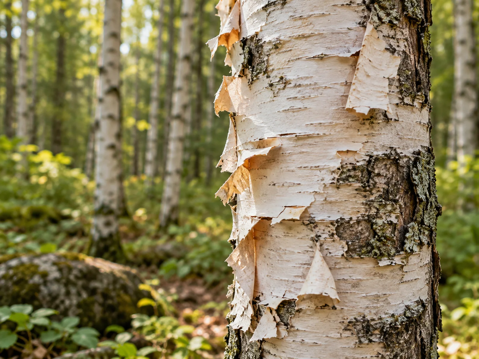 Pale, papery white birch bark peeling naturally from a birch trunk
