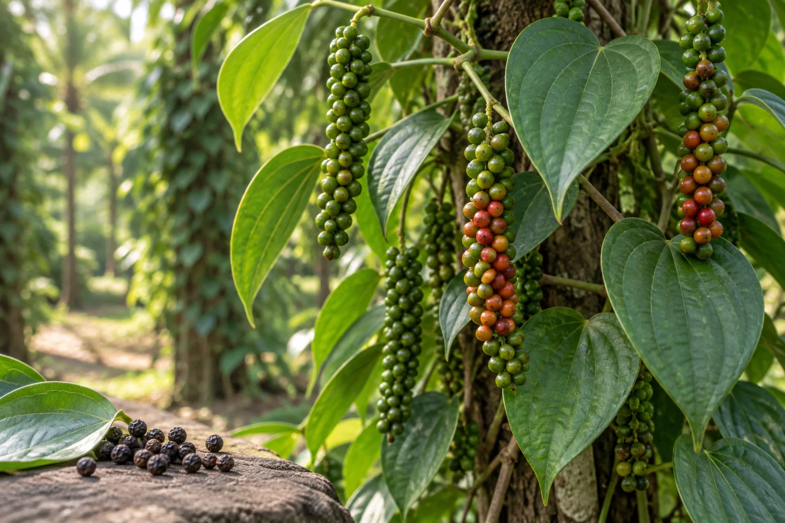 Black pepper vine climbing a tree with hanging spikes of green and ripening peppercorn fruits