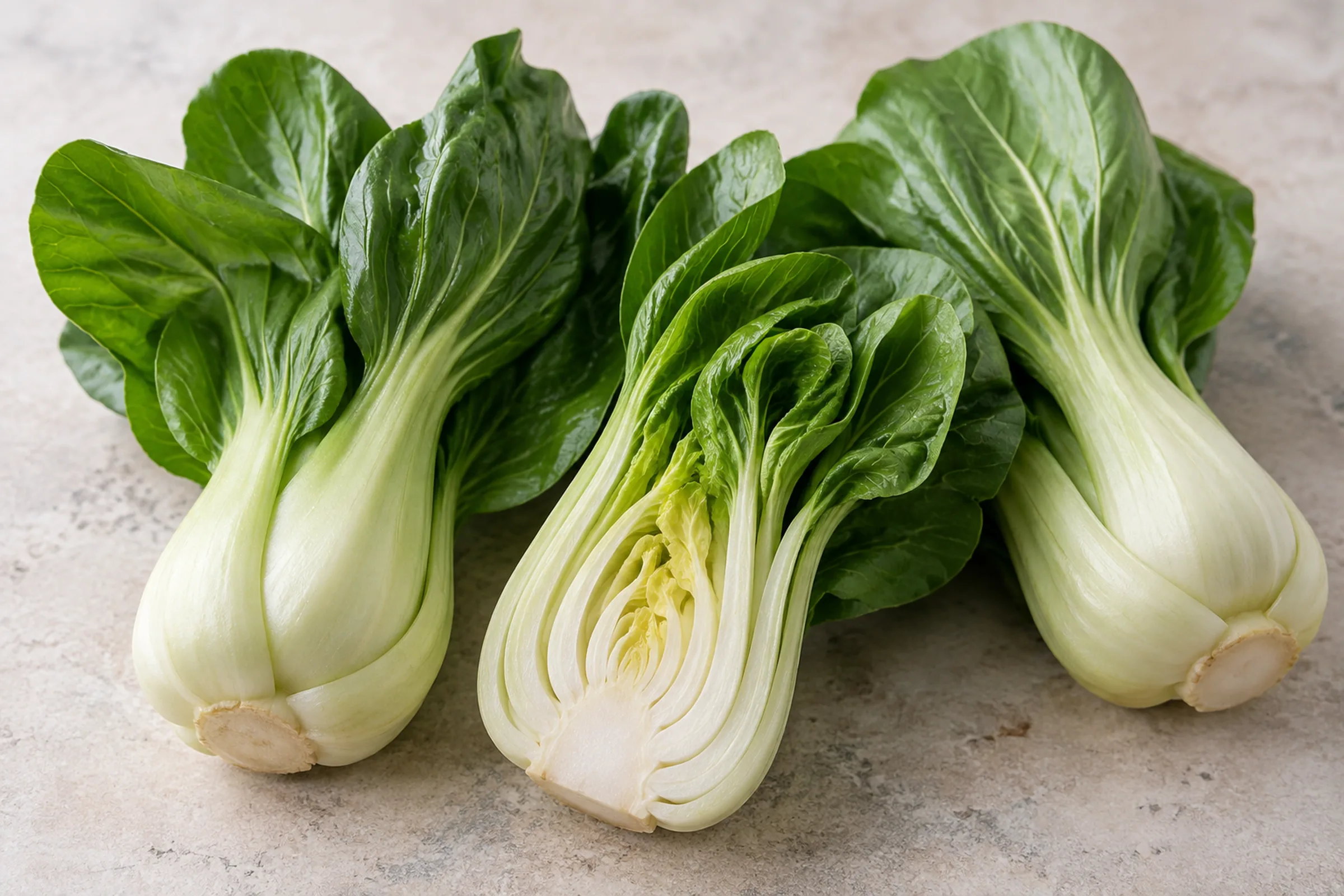 Whole bok choy heads showing pale stalks and dark green leaves