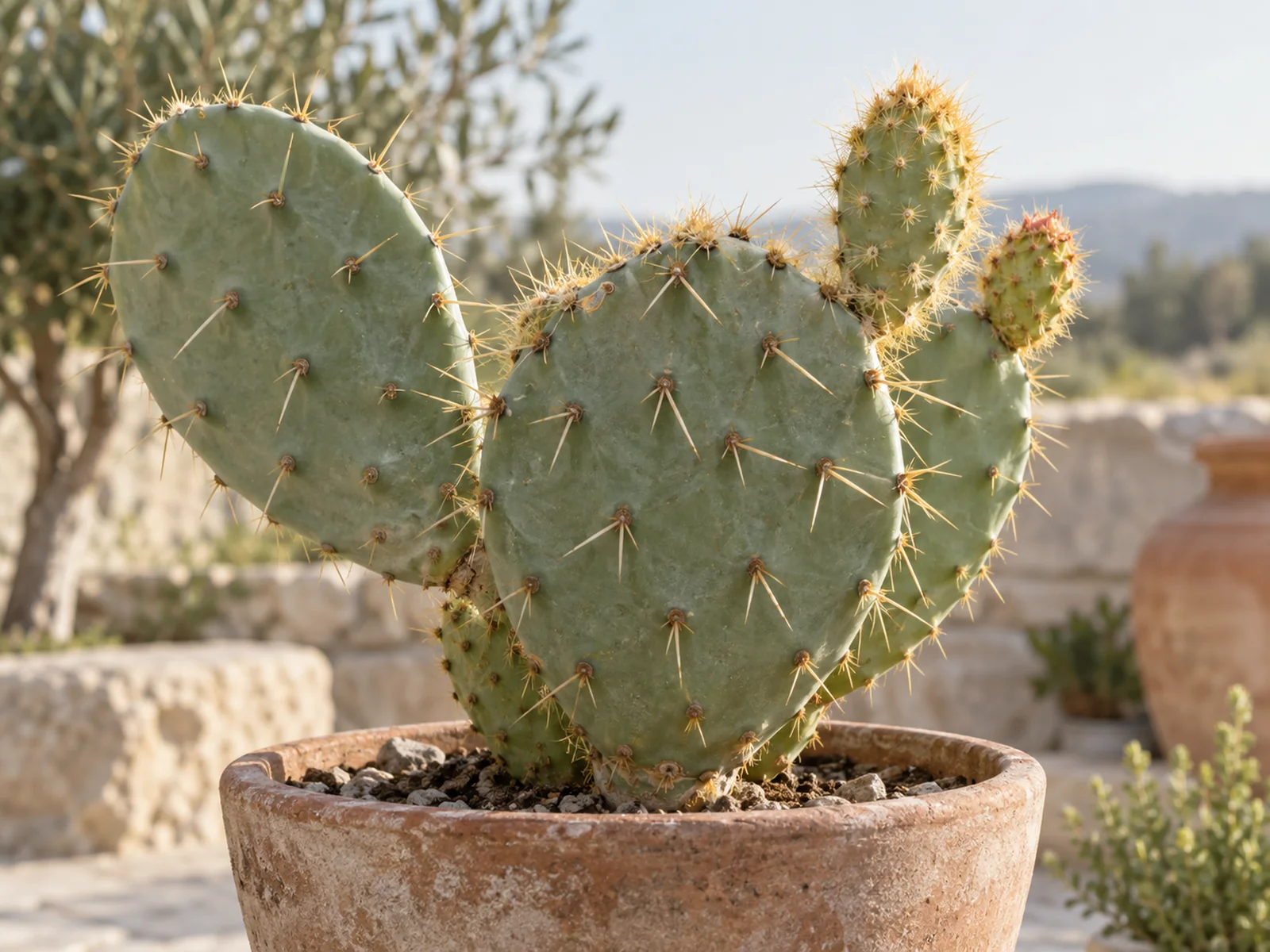 A cactus showing both large visible spines and small clustered glochids