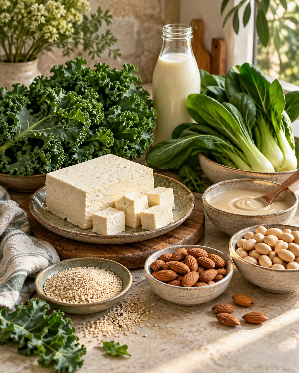Calcium-set tofu, leafy greens, and sesame seeds representing vegan calcium sources