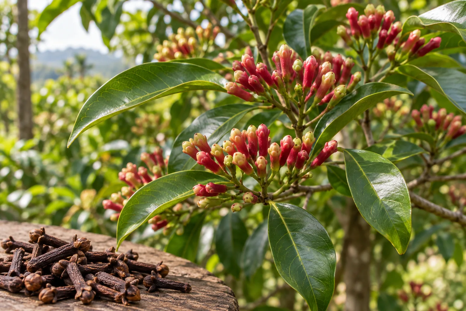 Clove tree branches with glossy leaves and clusters of unopened pink-red flower buds