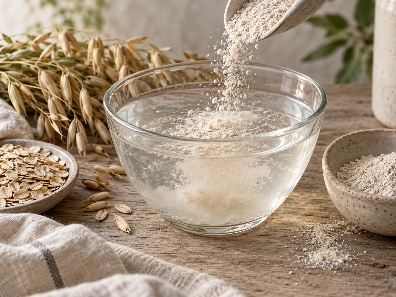 Fine colloidal oatmeal powder suspended in water beside whole oats