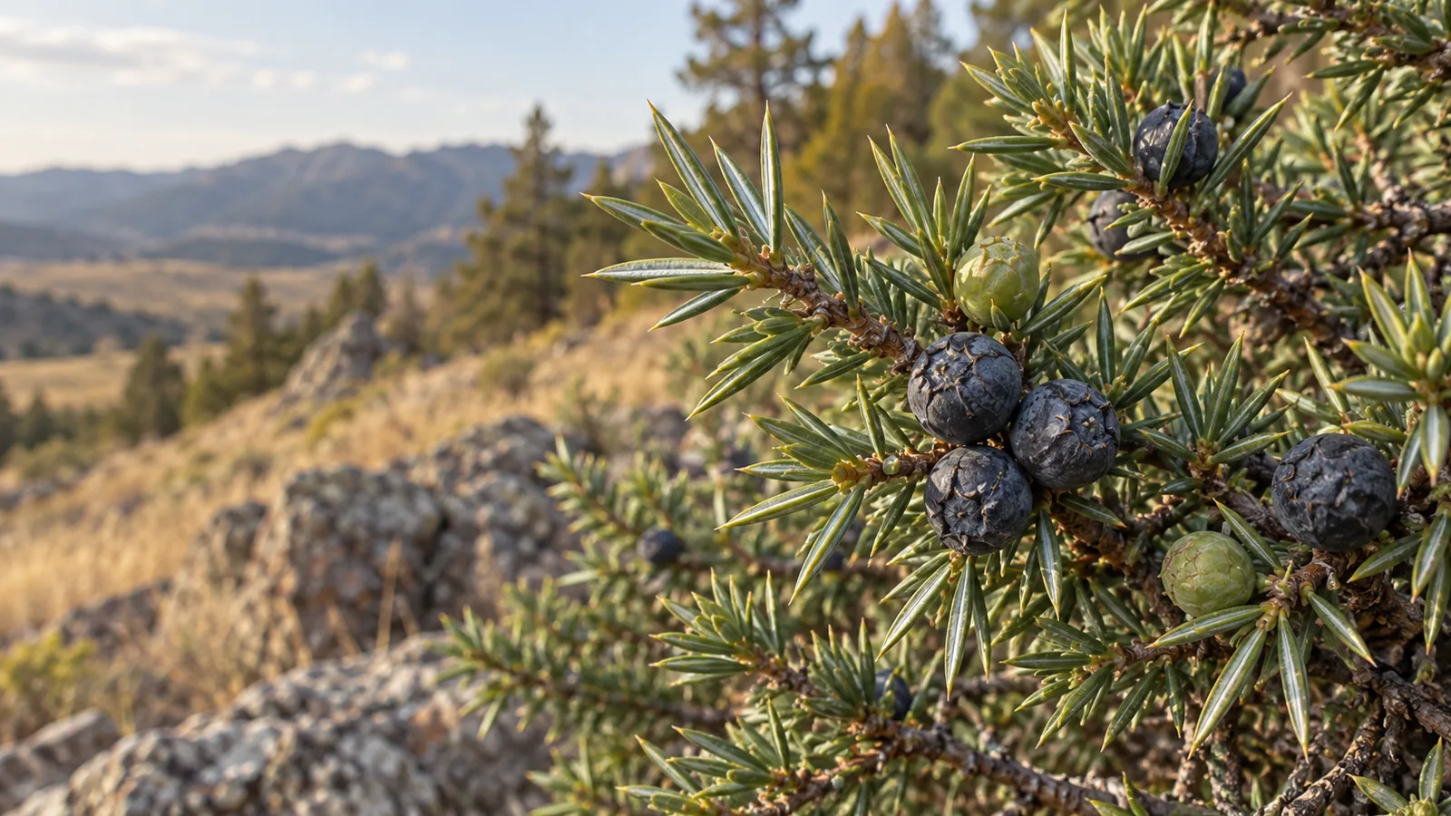 Ripe blue-black common juniper cones with waxy bloom beside sharp needles in whorls of three