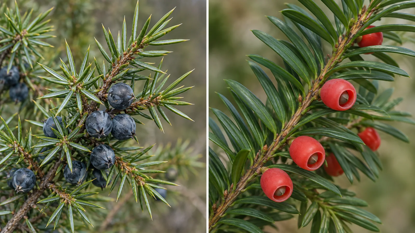 Comparison of common juniper blue-black cones and sharp needles with yew red arils and flat needles