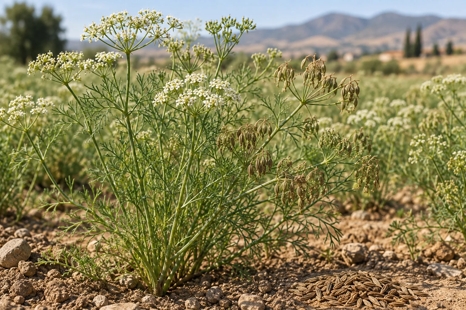Cuminum cyminum flowering and fruiting in a cultivated field