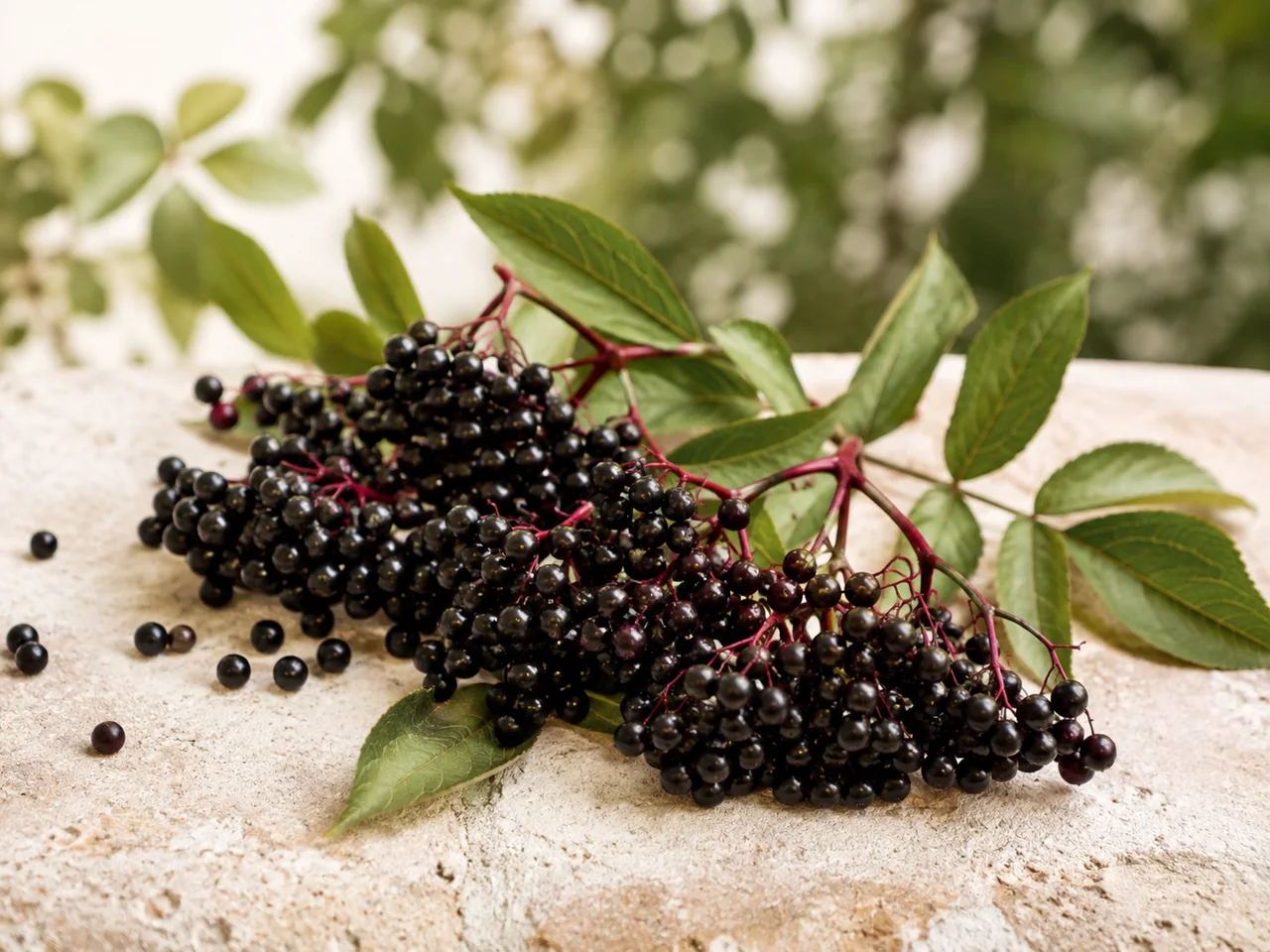 Ripe elderberries and leaves representing the berries and fruits health library