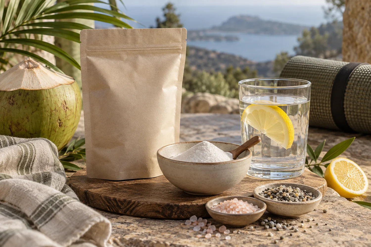 Coconut, electrolyte powder, sea salt, and lemon water representing electrolyte supplementation