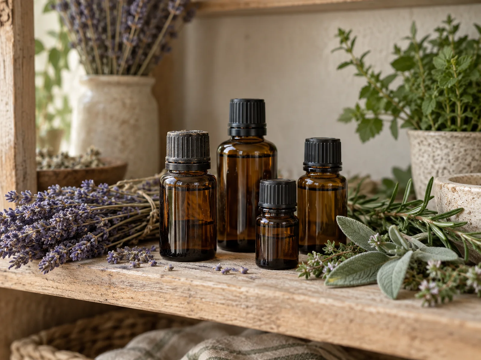 Small amber glass bottles of essential oils beside dried lavender