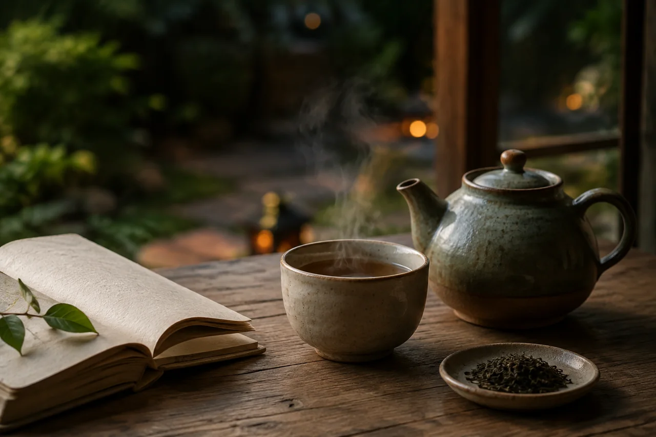 A steaming cup and ceramic teapot beside an open notebook at dusk