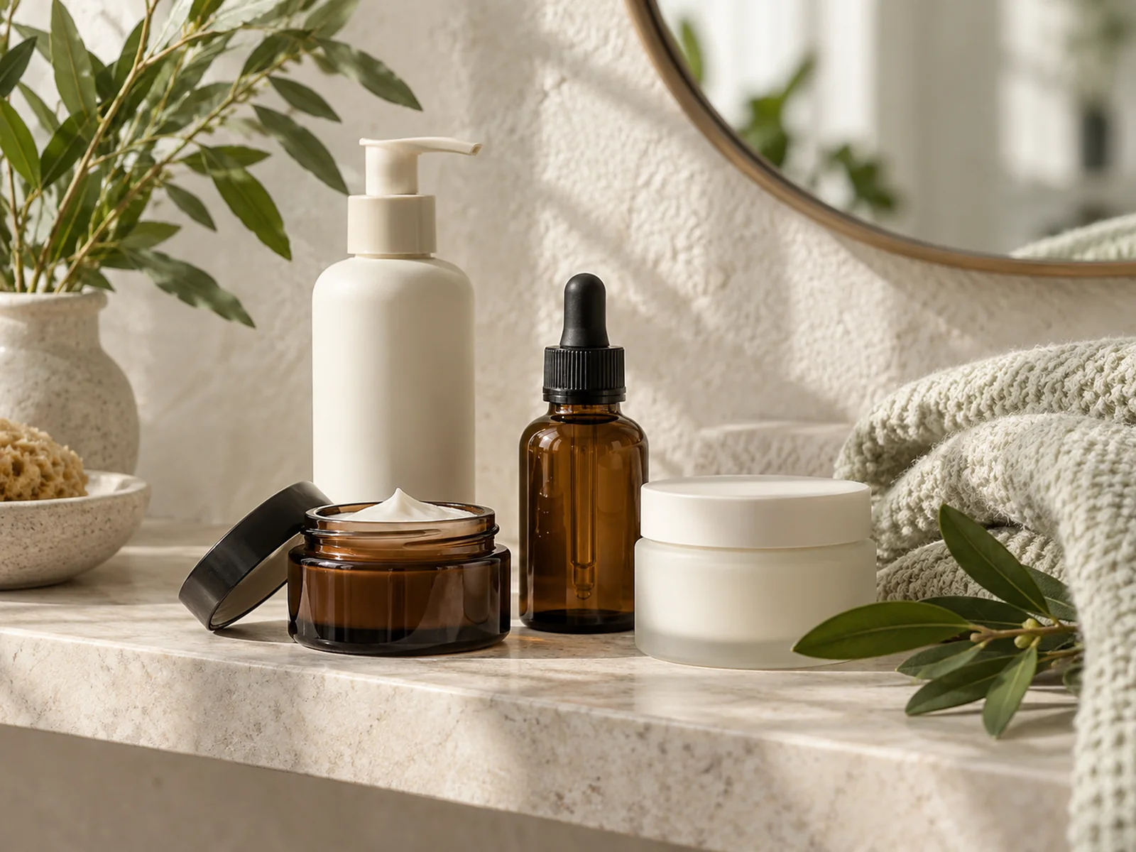 Plain, unlabeled fragrance-free skincare bottles on a bathroom shelf