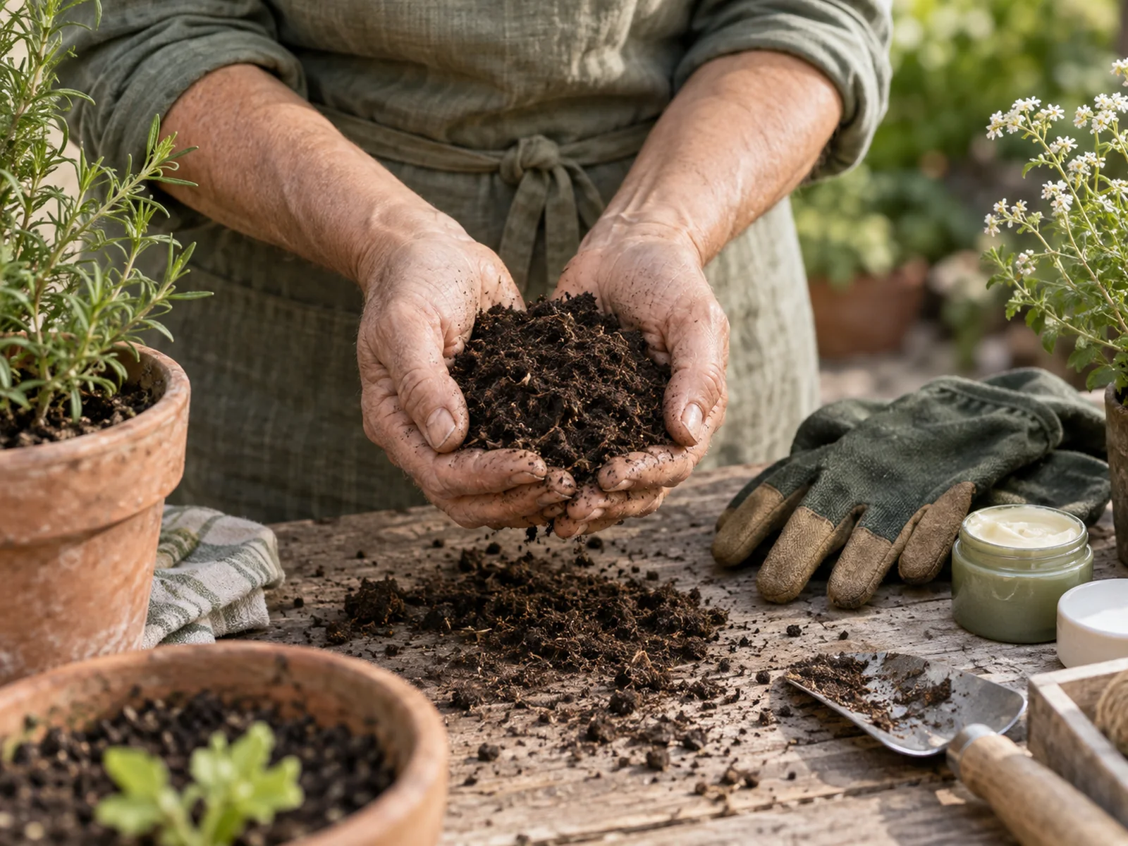 A gardener's hands, weathered and dry, holding garden soil