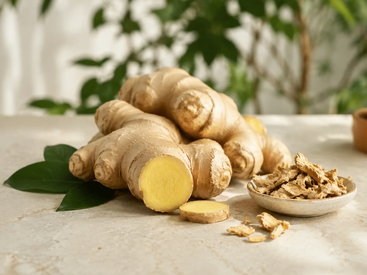 Fresh and dried ginger root on pale stone