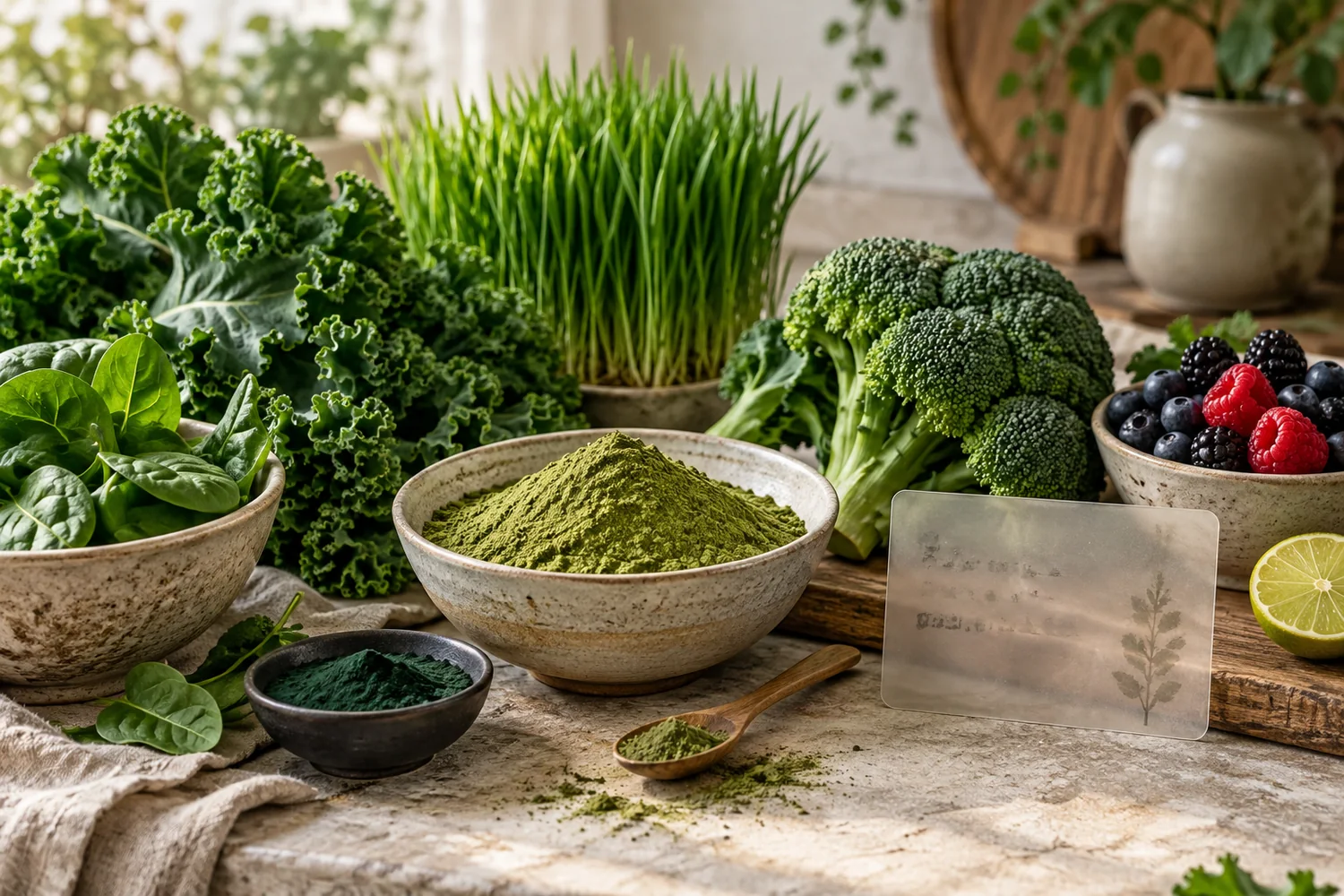 Kale, spinach, wheatgrass, broccoli, and bowls of green powder representing greens powder supplements