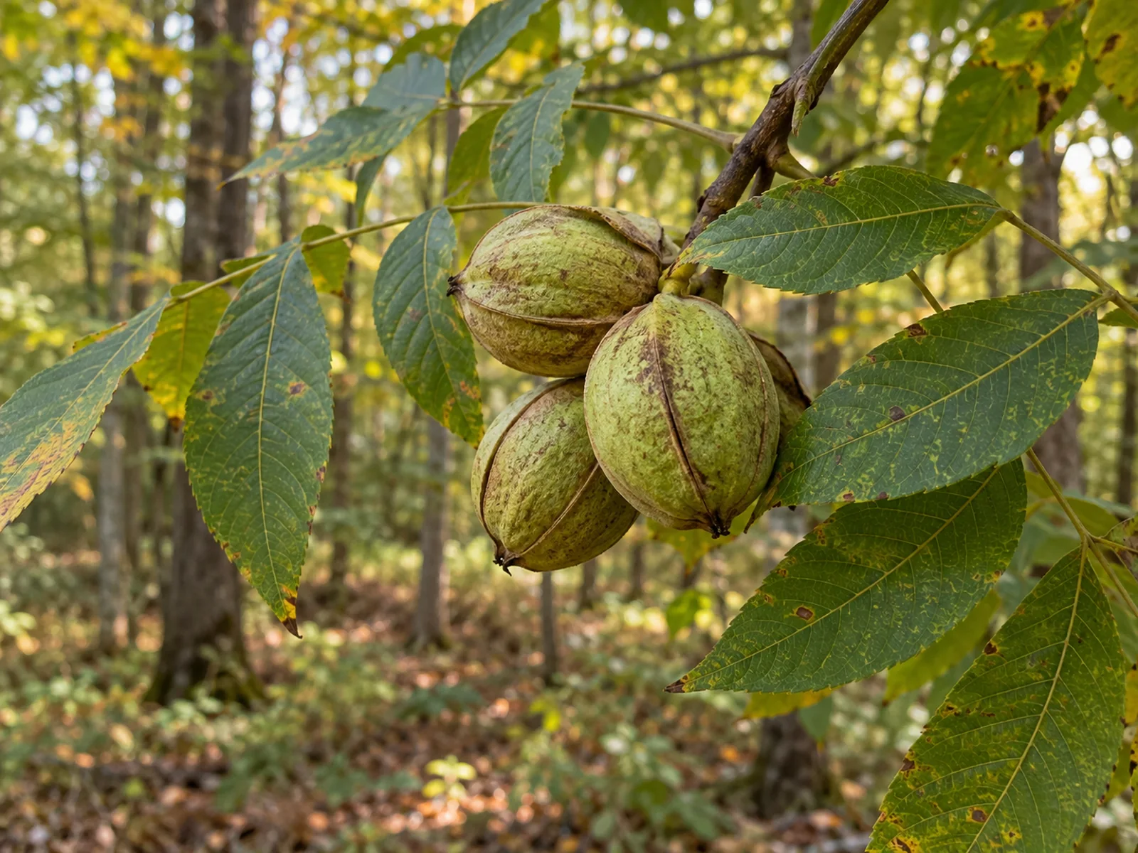 Hickory nuts in their green husks hanging on a branch with compound leaves