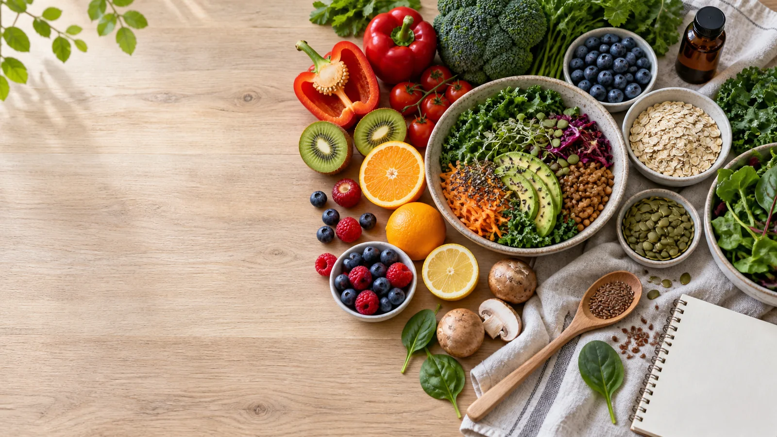A colorful whole-food nourish bowl with fruits, vegetables, grains, and a supplement bottle