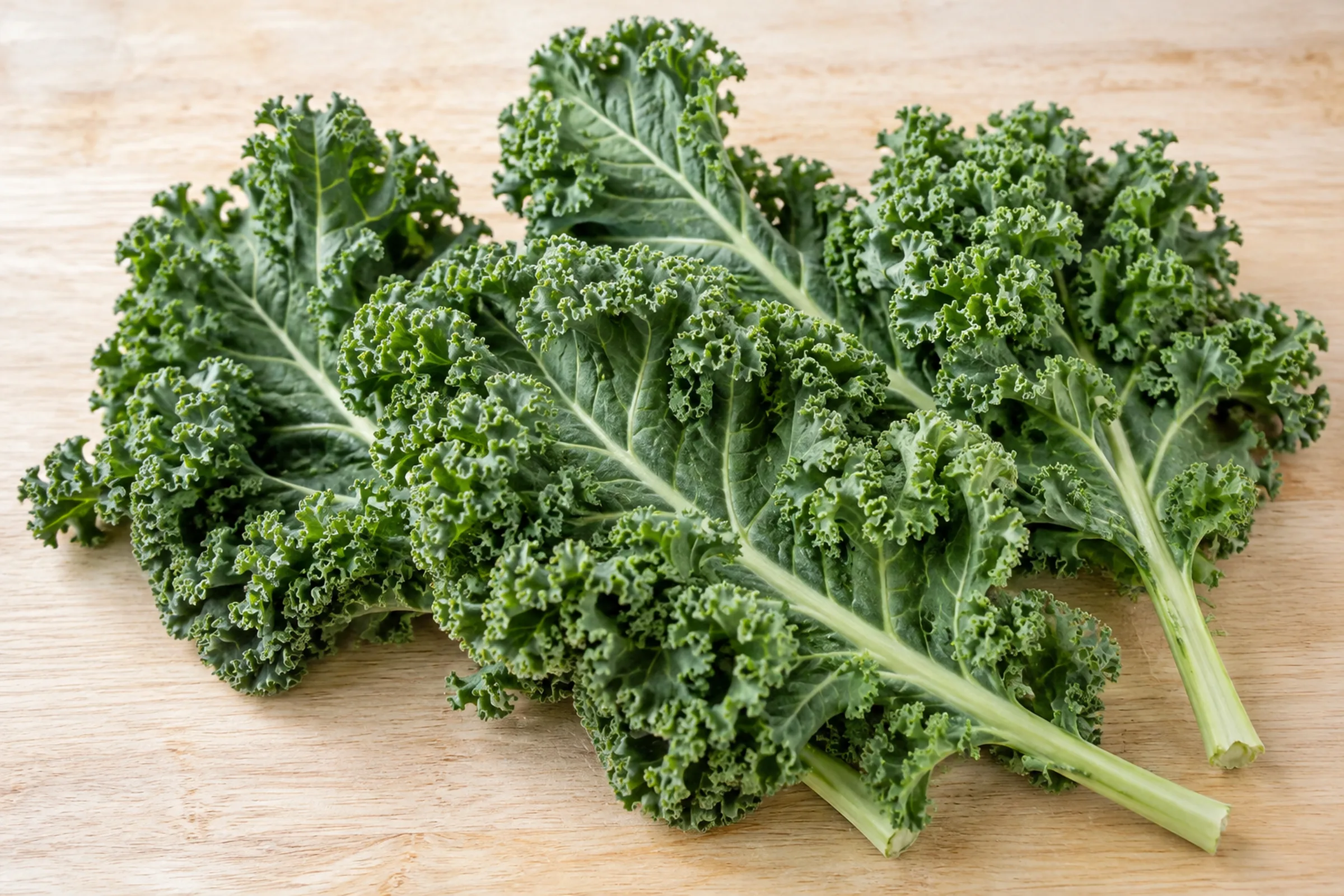 Fresh curly kale leaves with visible ribs on a pale wooden board