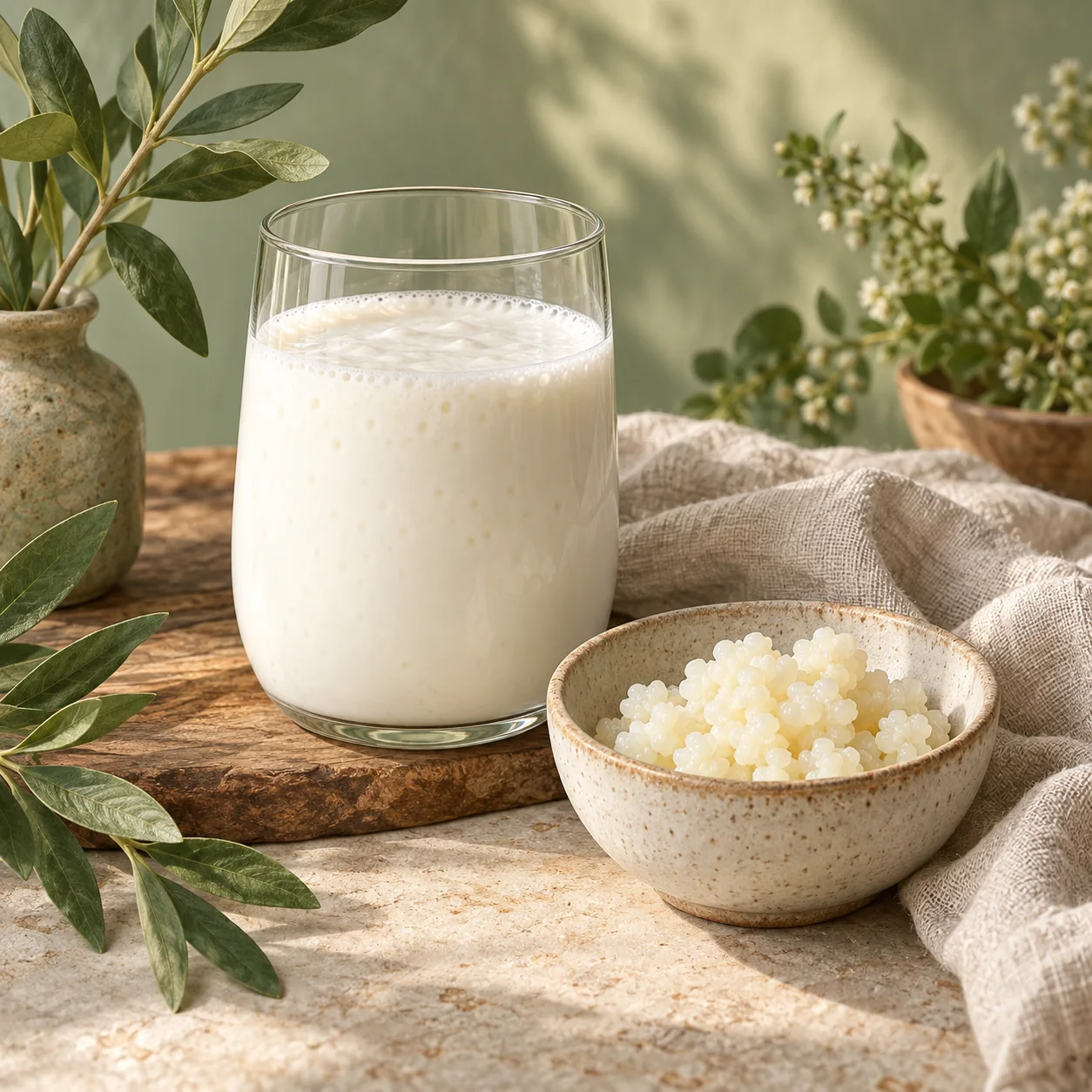 A glass of pale, effervescent kefir beside a dish of kefir grains