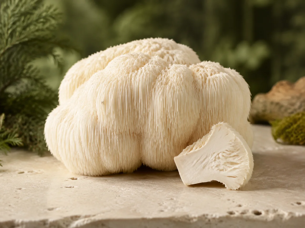 A fresh lion's mane mushroom representing culinary mushrooms, fungi and mycelium products