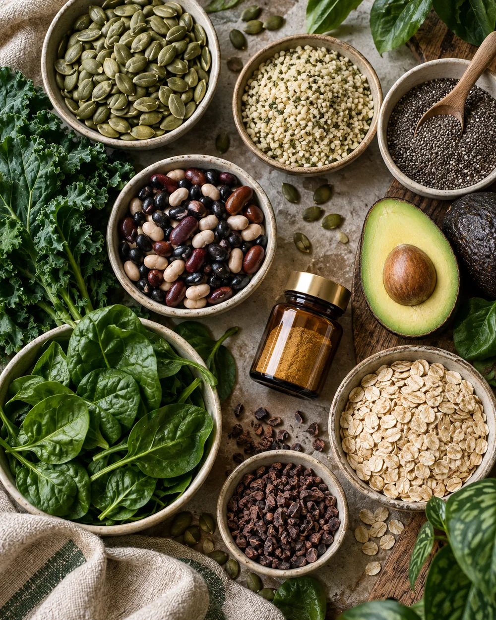 Leafy greens, legumes, nuts, and seeds representing magnesium-rich vegan foods