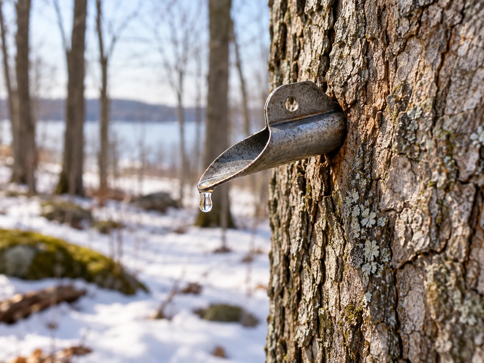 A traditional wooden maple tap inserted into mature maple bark with sap forming a drop at the tip
