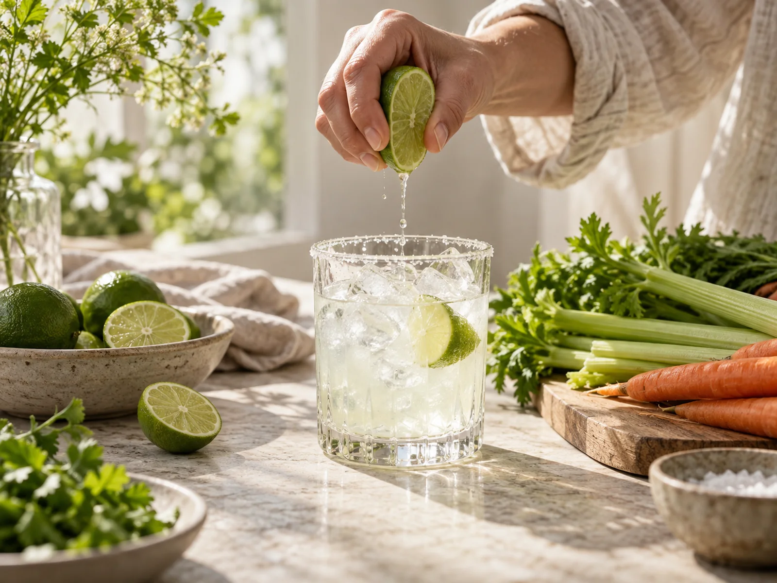 A lime being squeezed over ice with a person's hand visible in sunlight