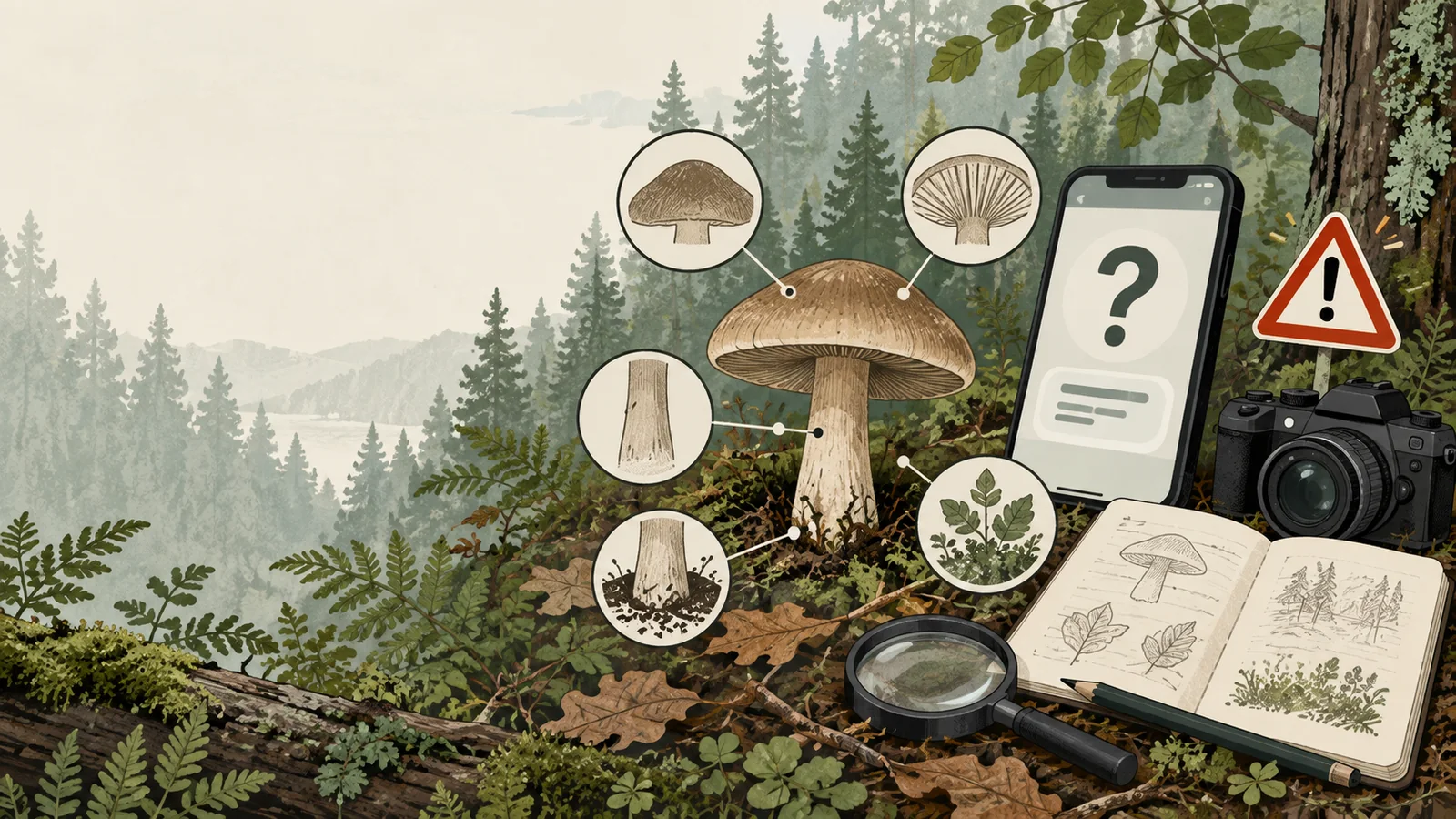 Editorial illustration of a generic mushroom beside a phone, field notebook, camera, hand lens, and caution symbol in a woodland setting