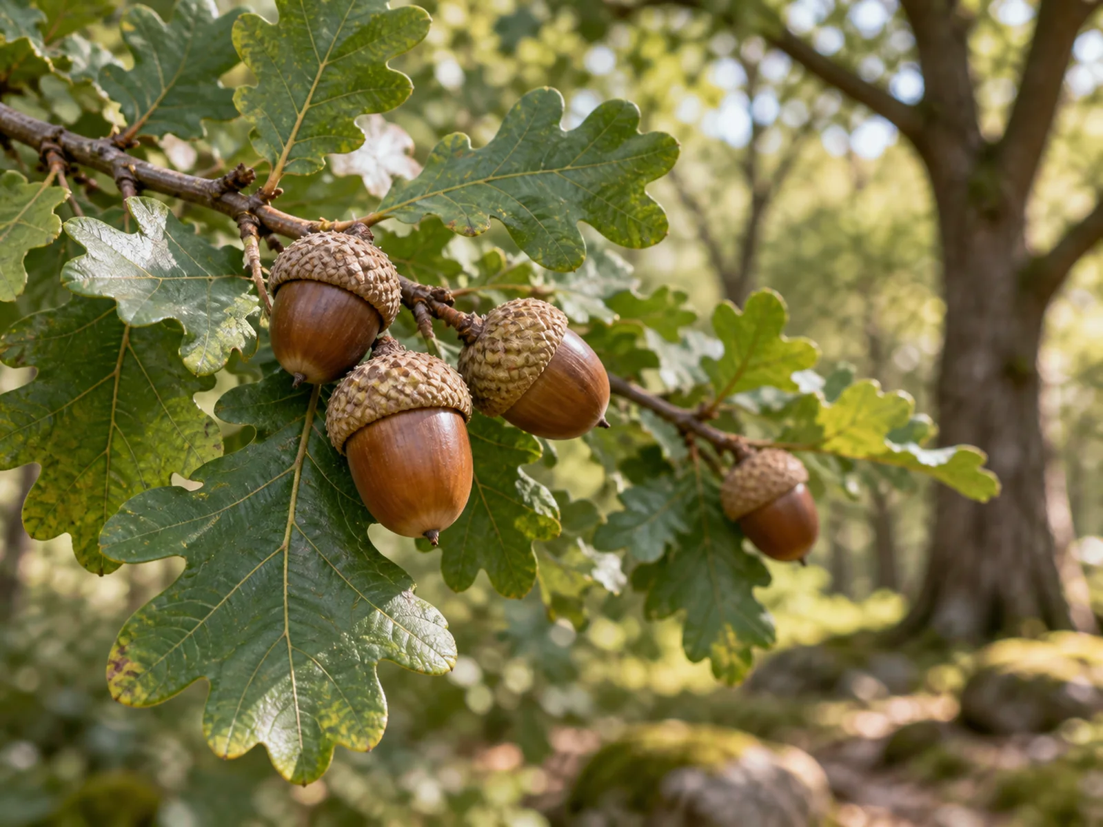 Oak tree branch with lobed leaves and ripe acorns still in their caps