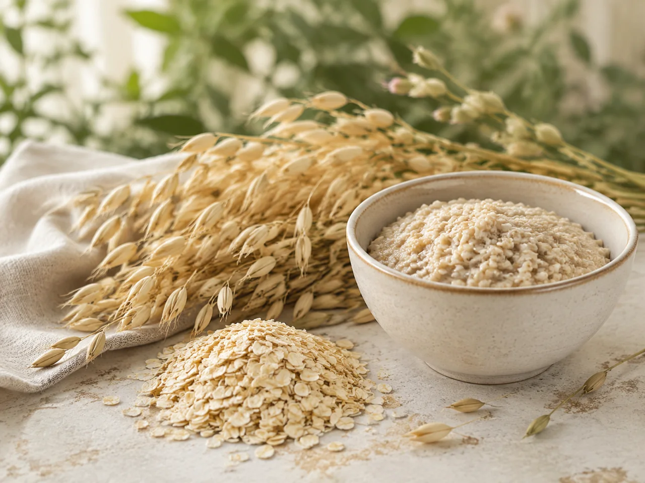 Whole oat panicles and rolled oats illustrating the seeds and grains library