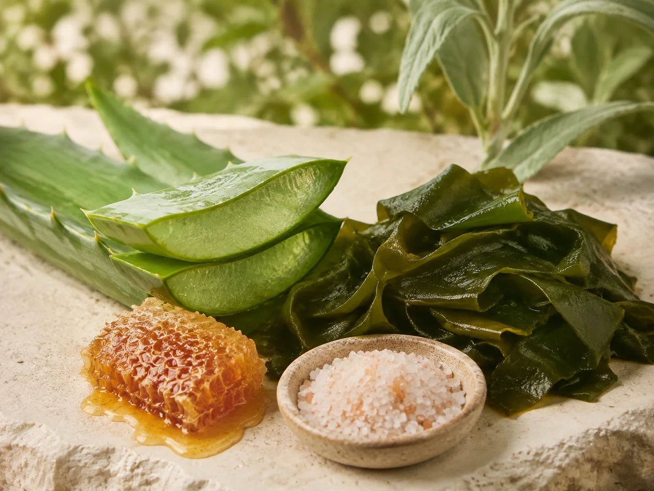 Aloe vera, edible seaweed, honeycomb and sea salt