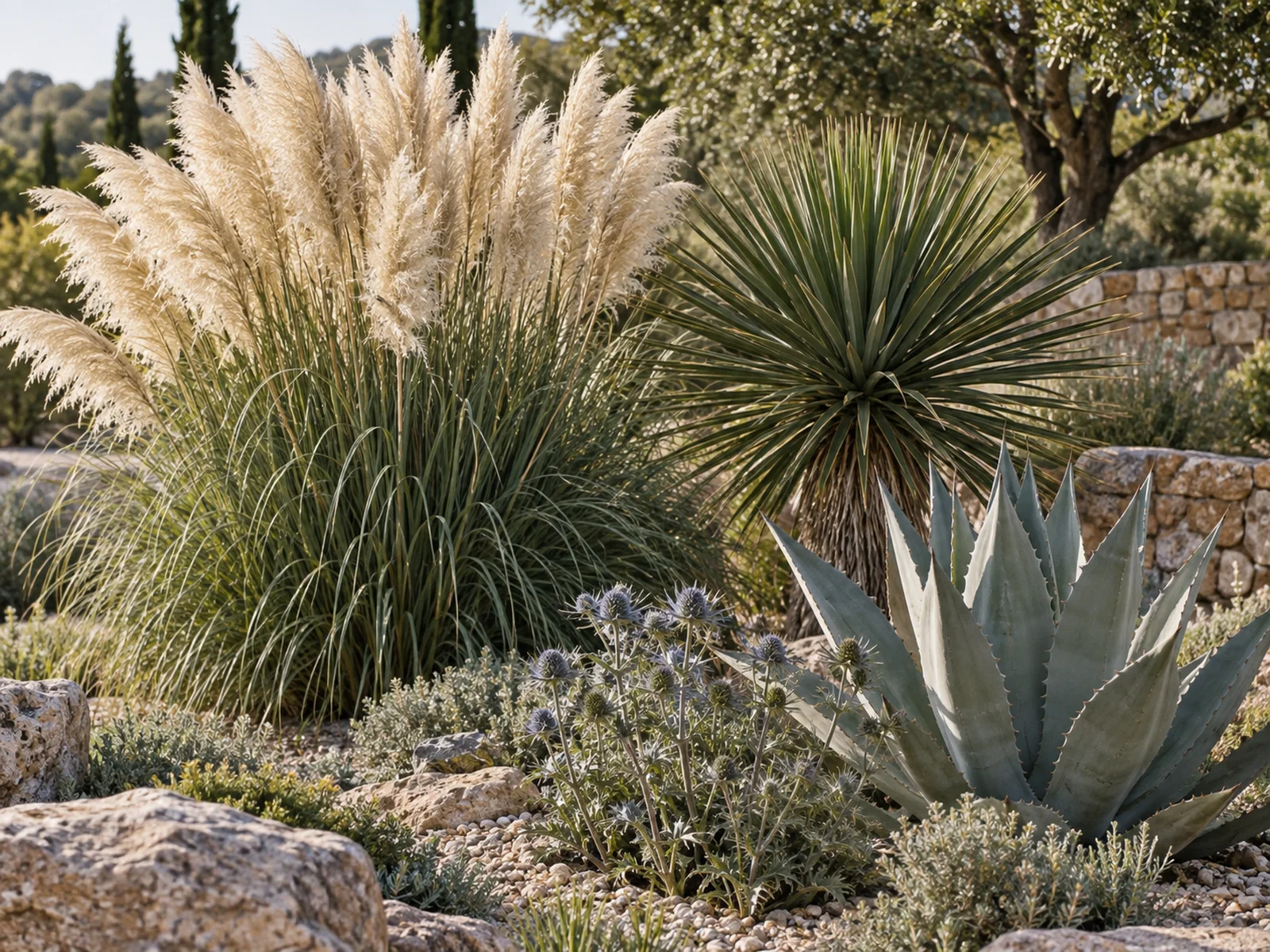 Pampas grass plumes beside sharp-tipped yucca and agave leaves in a garden bed