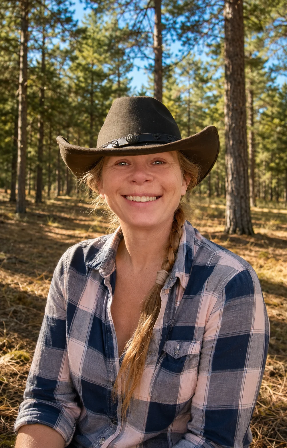 Pernilla smiling in a sunlit pine forest