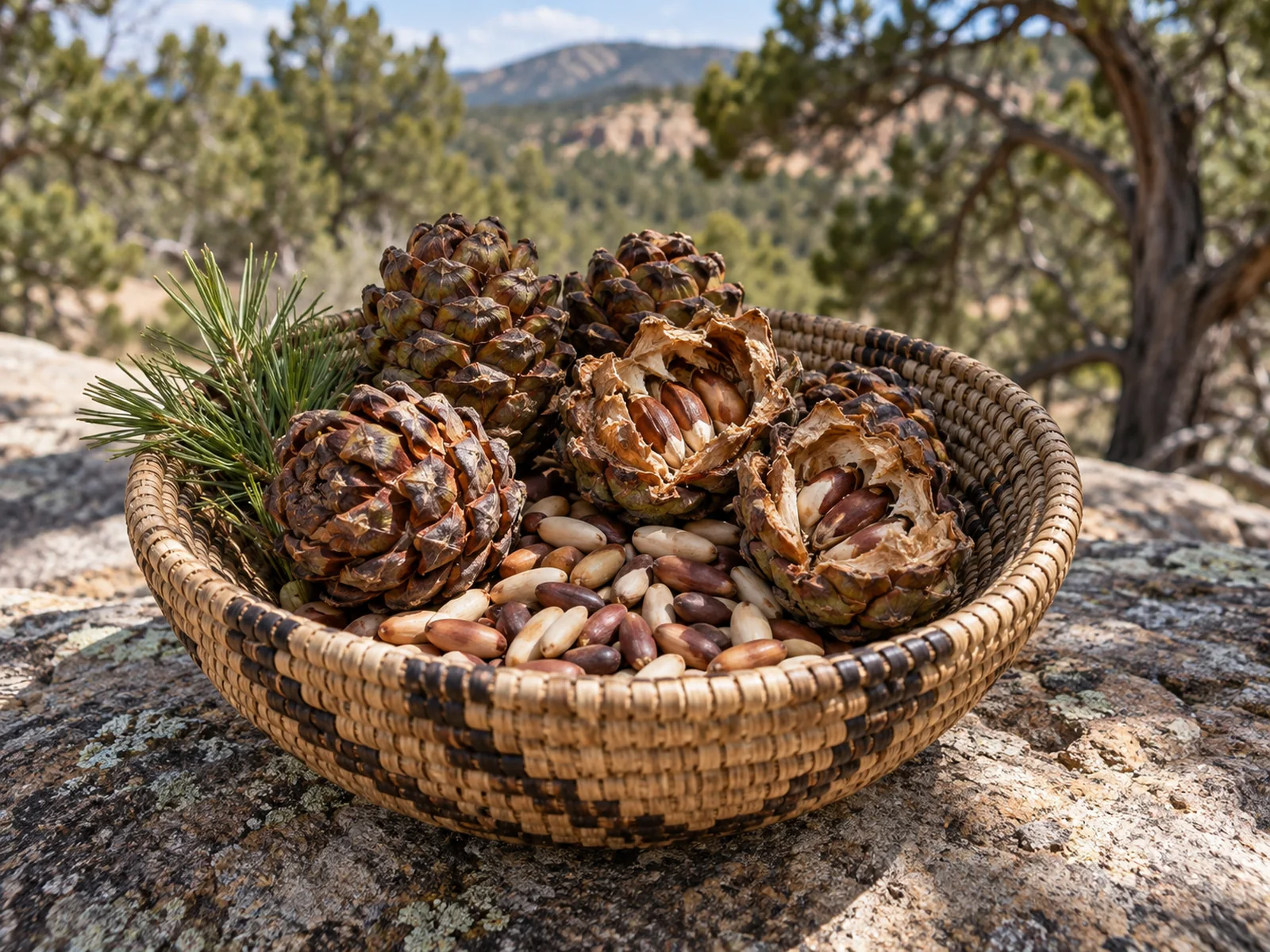 Freshly harvested piñon pine cones and loose nuts in a woven basket