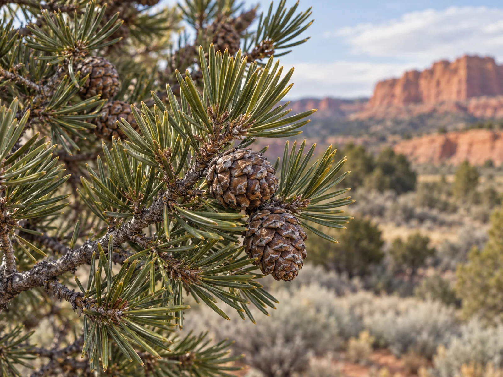 Piñon pine branch with paired needles and small cones in a Southwest high-desert setting