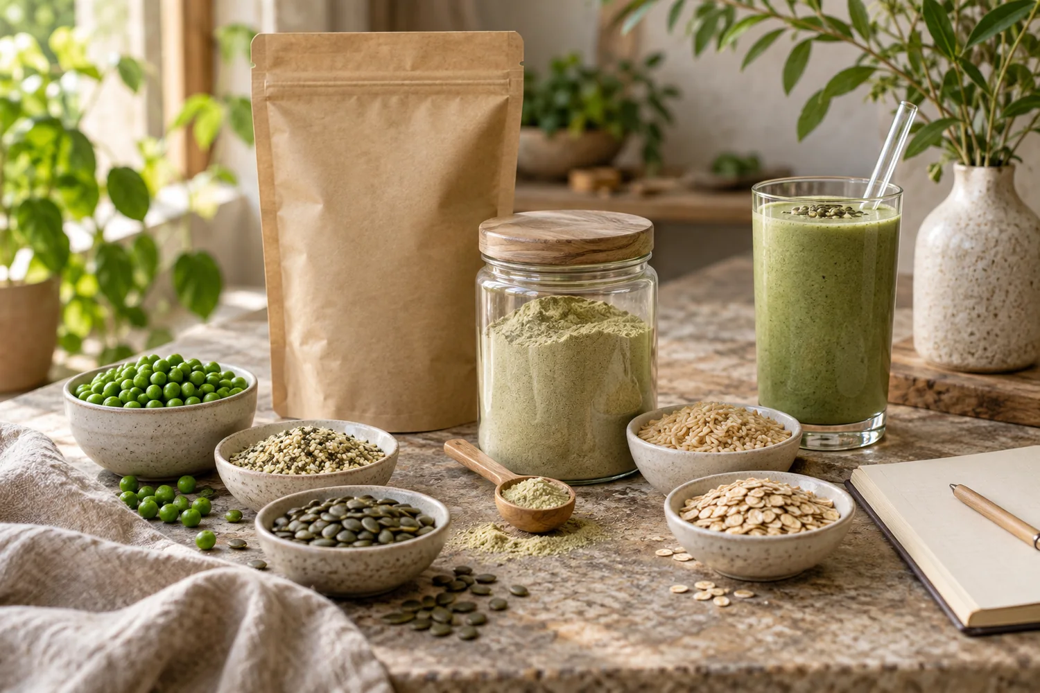 Pea protein powder, hemp seeds, and a green smoothie representing vegan protein sources