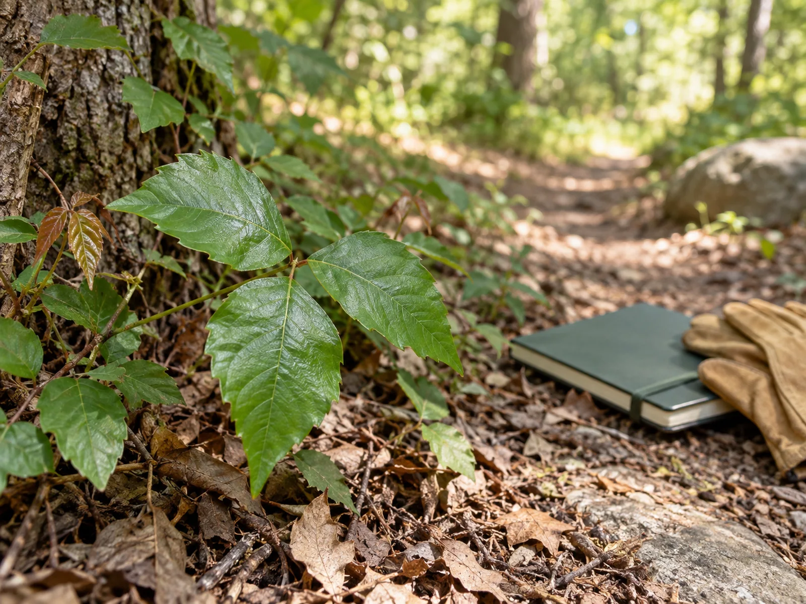Poison ivy leaves in a wooded area, illustrating plant-contact skin reactions