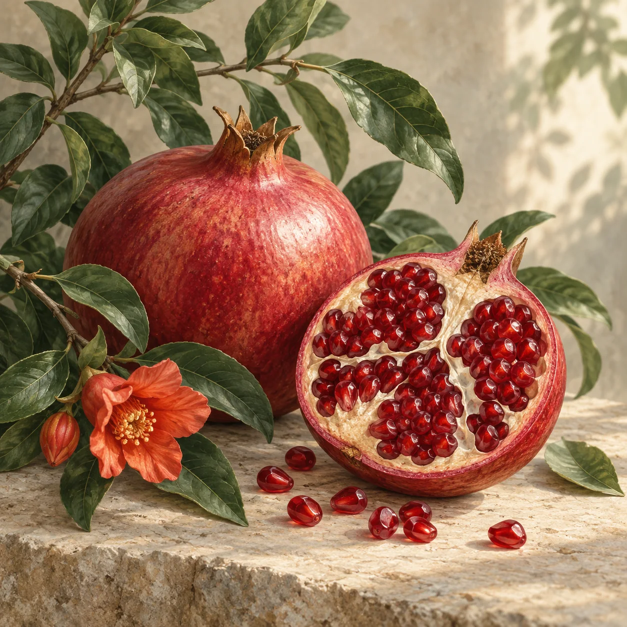 A pomegranate cut in half showing ruby-red arils beside a glass of juice