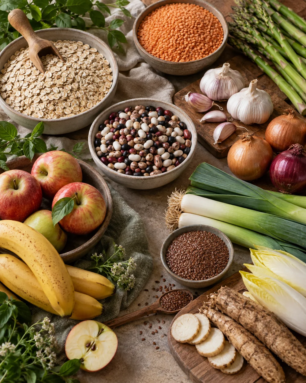Oats, lentils, garlic, onions, leeks, apples, and chicory root representing prebiotic fiber foods