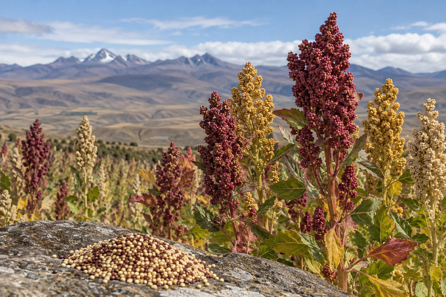 Quinoa panicles and tiny harvested quinoa seeds