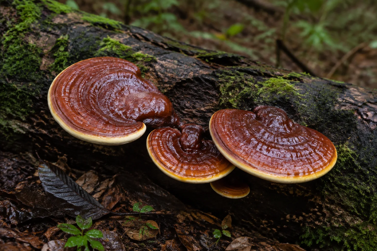 Wild Reishi bracket mushrooms growing on a moss-covered decaying hardwood log