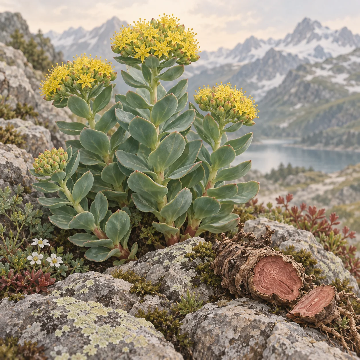 Rhodiola rosea roots and rhizome beside the living plant