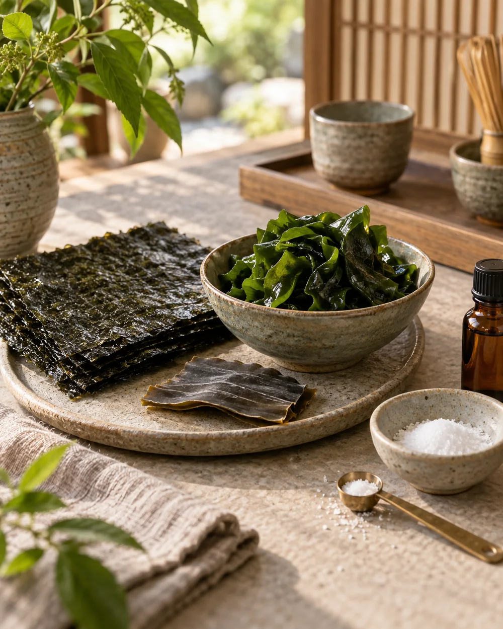 Dried nori sheets and seaweed in a bowl representing vegan iodine sources