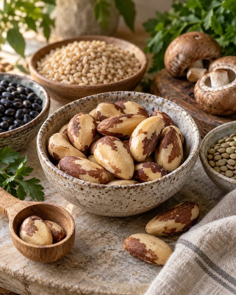 A bowl of Brazil nuts beside grains and legumes representing vegan selenium sources