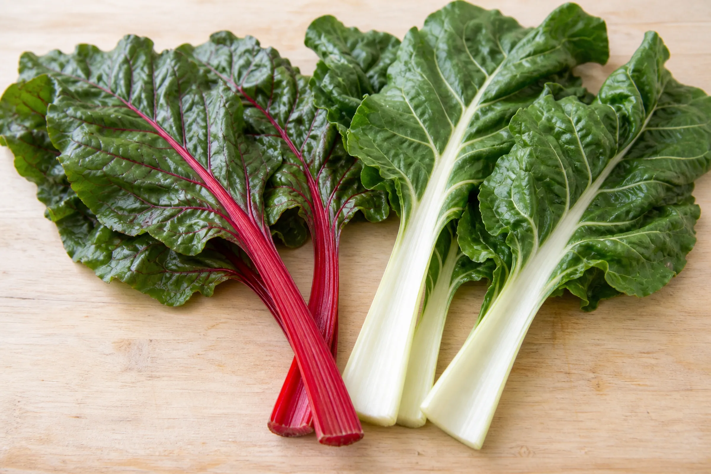 Fresh Swiss chard leaves with colorful red and white stalks